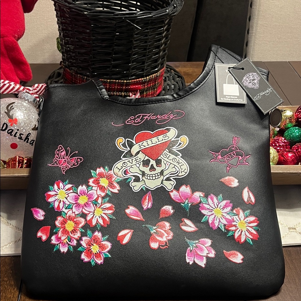 Ed Hardy Black Tote with Floral and Skull Design